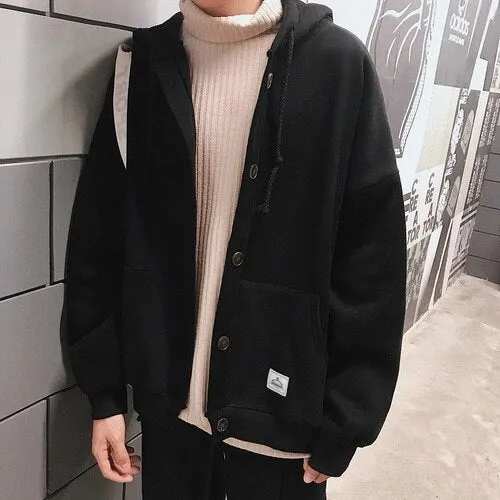 Aidase  Men With Hat Hoodies Single Breasted Loose Casual Plus Velvet Chic Fashion Harajuku Large Size S-3XL Warm All-match Basic Coats