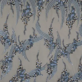 Beige Tulle with Multicolored Bugle Beads Pearls and Sequin Floral Embroidered Fabric