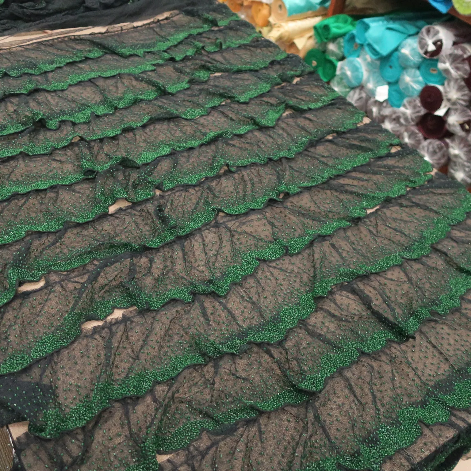 Black with Green Abstract Embroidered Tulle Fabric