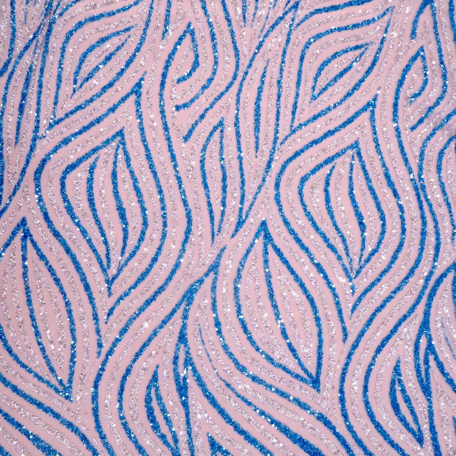 Blue and Silver Bugle Beads and Sequins Waves Embroidered Tulle Fabric