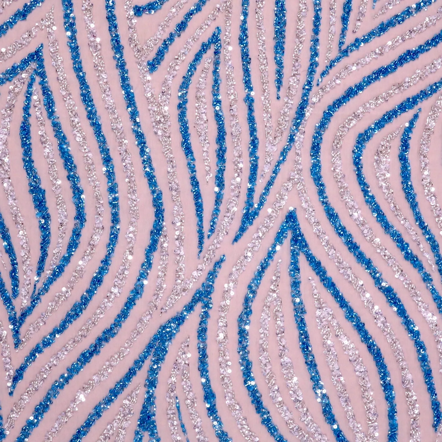 Blue and Silver Bugle Beads and Sequins Waves Embroidered Tulle Fabric