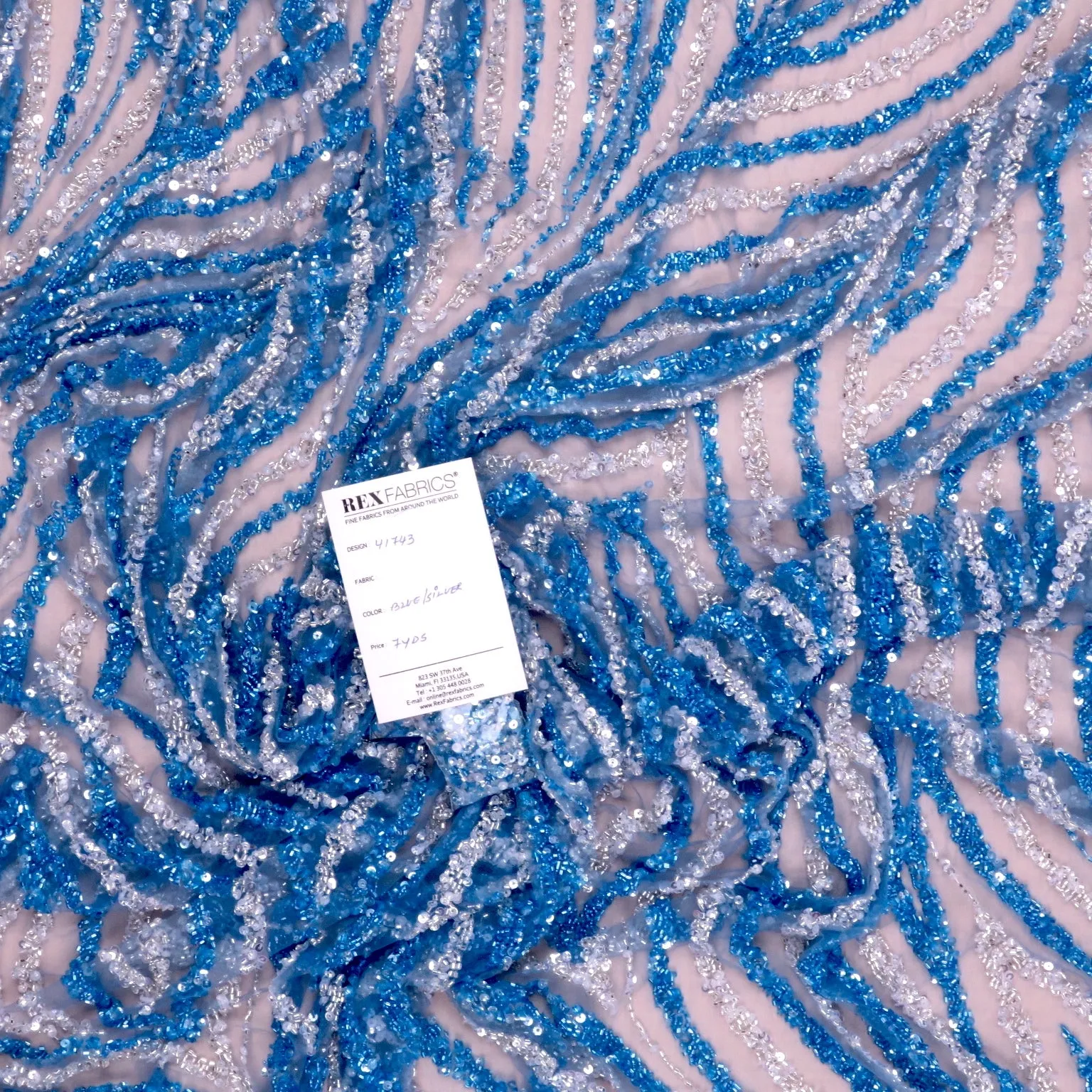 Blue and Silver Bugle Beads and Sequins Waves Embroidered Tulle Fabric