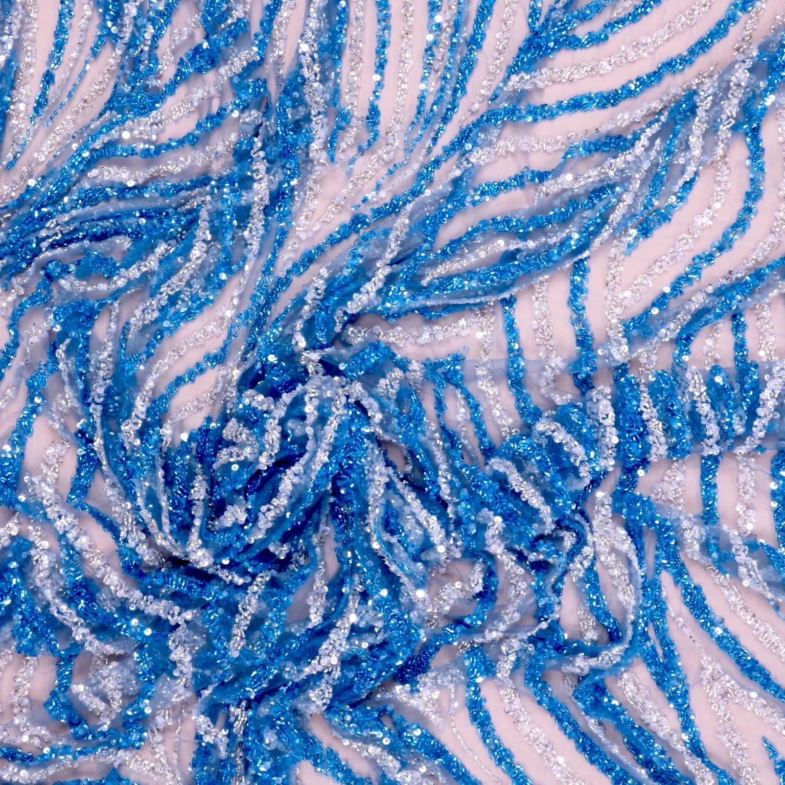 Blue and Silver Bugle Beads and Sequins Waves Embroidered Tulle Fabric