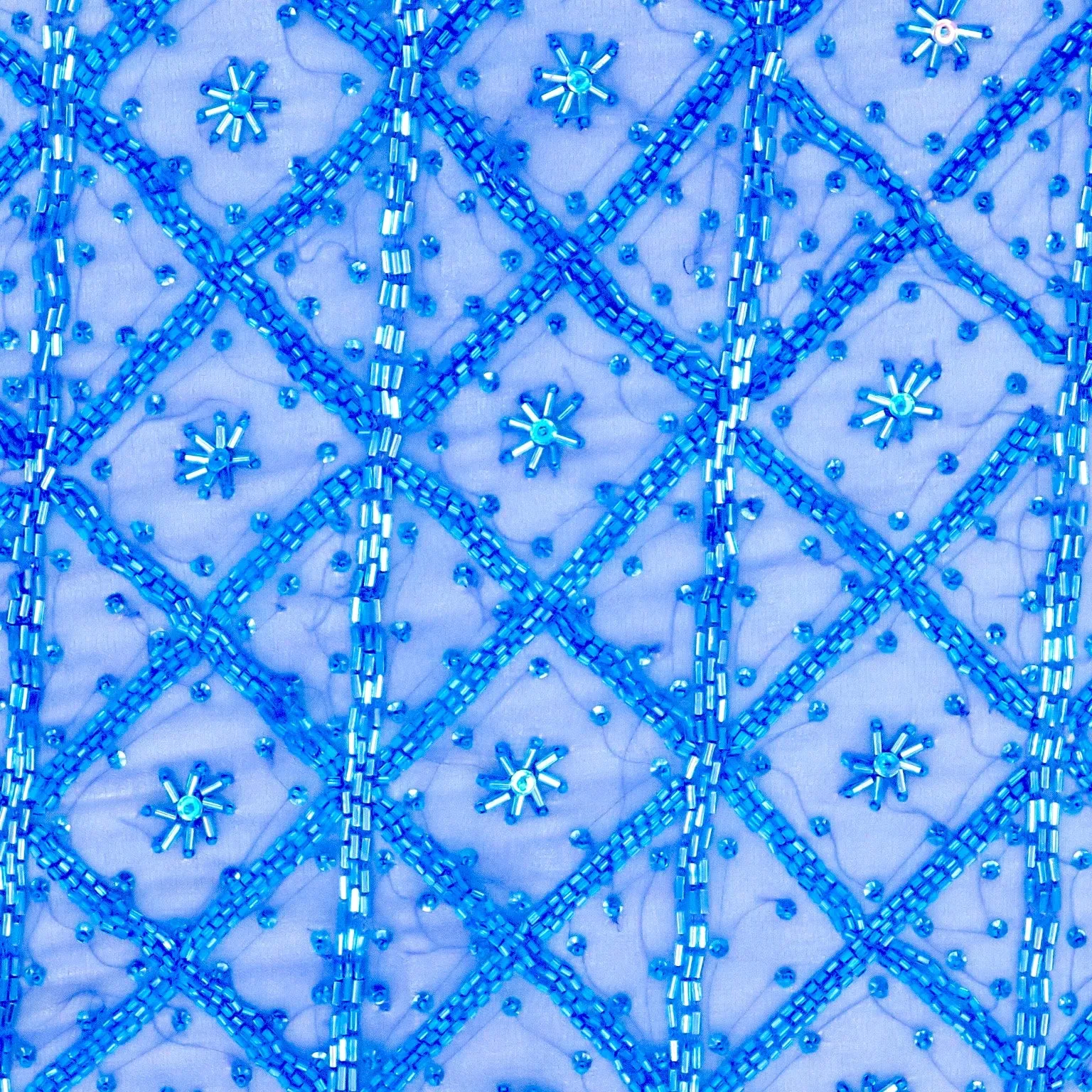 Blue Tulle With Floral and Square Bugle Beads Design Embroidered Fabric