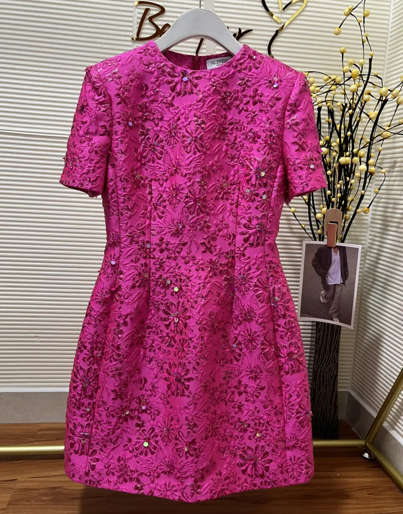 Fashion Runway Fuchsia: Jacquard Handcrafted Beaded Party Dress and Jacket | Semi-Formal Dress, Evening Gown, Wedding Dress