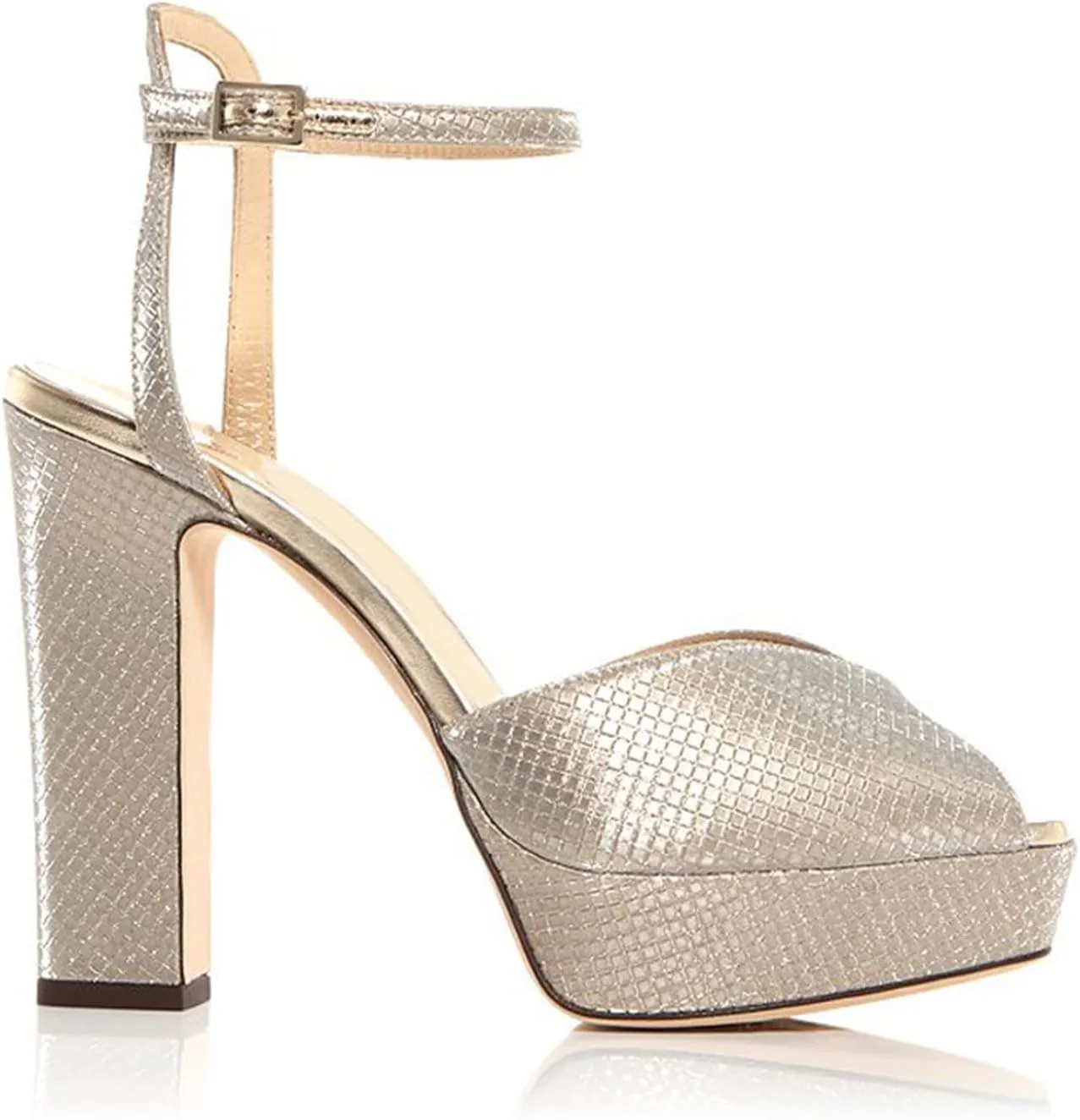 Goolita Bow Metallic Platform Heels for Women, Chunky Buckle Ankle Strap Heeled Sandals Sexy Peep Toe Wedding Bridal Shoes