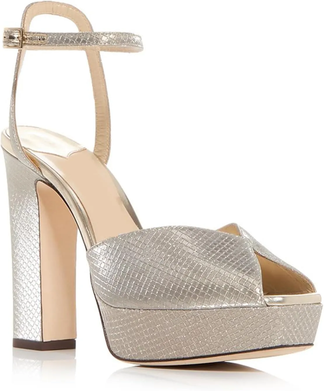 Goolita Bow Metallic Platform Heels for Women, Chunky Buckle Ankle Strap Heeled Sandals Sexy Peep Toe Wedding Bridal Shoes