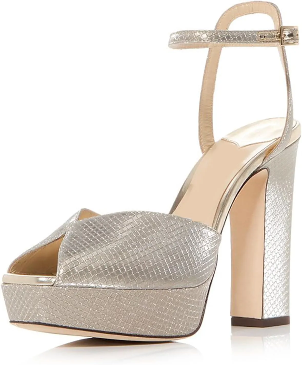 Goolita Bow Metallic Platform Heels for Women, Chunky Buckle Ankle Strap Heeled Sandals Sexy Peep Toe Wedding Bridal Shoes