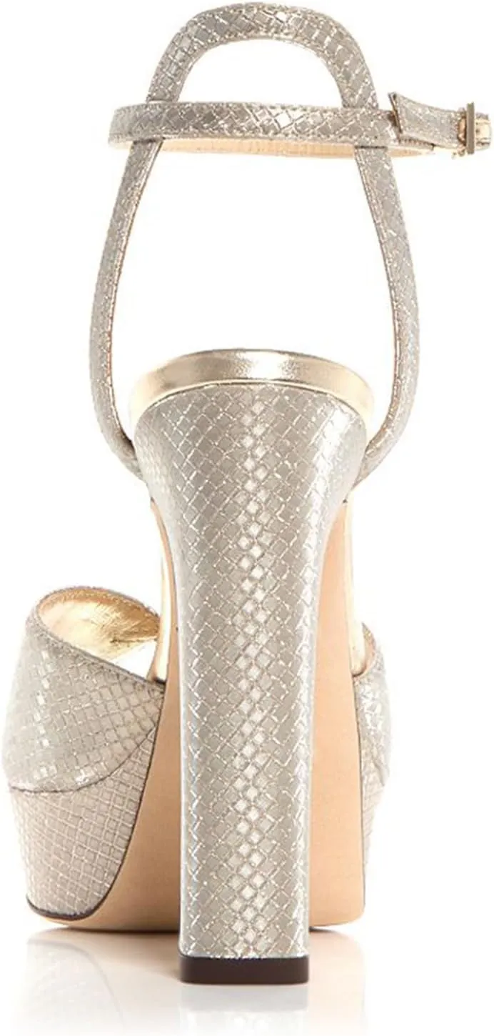 Goolita Bow Metallic Platform Heels for Women, Chunky Buckle Ankle Strap Heeled Sandals Sexy Peep Toe Wedding Bridal Shoes