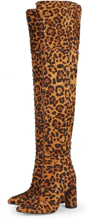 Goolita Women's Suede Chunky Heel Over Knee Boots Rivet Pointed Toe Back Zipper Thigh High Boots Keep Warm Long Boots