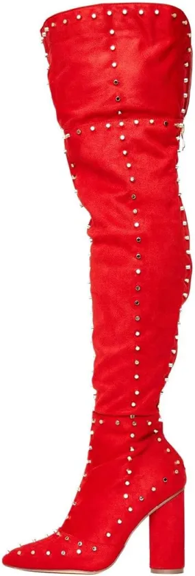 Goolita Women's Suede Chunky Heel Over Knee Boots Rivet Pointed Toe Back Zipper Thigh High Boots Keep Warm Long Boots