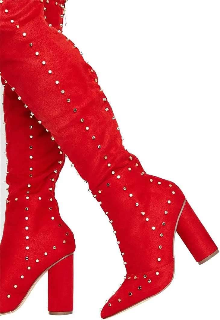 Goolita Women's Suede Chunky Heel Over Knee Boots Rivet Pointed Toe Back Zipper Thigh High Boots Keep Warm Long Boots