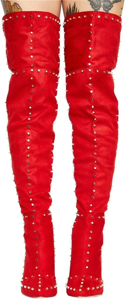 Goolita Women's Suede Chunky Heel Over Knee Boots Rivet Pointed Toe Back Zipper Thigh High Boots Keep Warm Long Boots