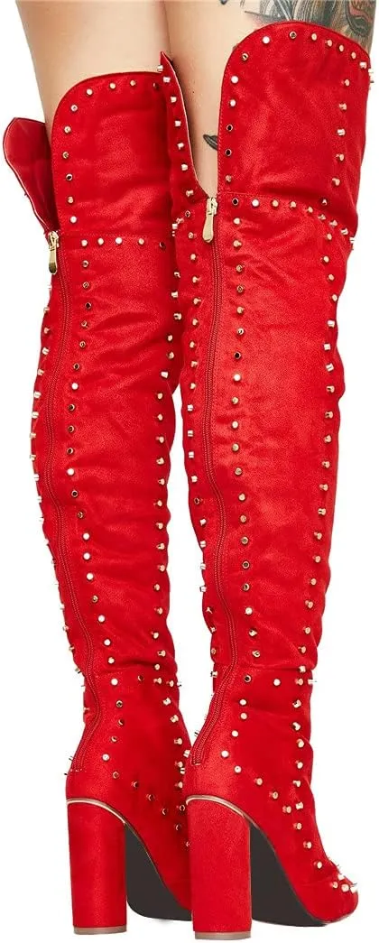 Goolita Women's Suede Chunky Heel Over Knee Boots Rivet Pointed Toe Back Zipper Thigh High Boots Keep Warm Long Boots