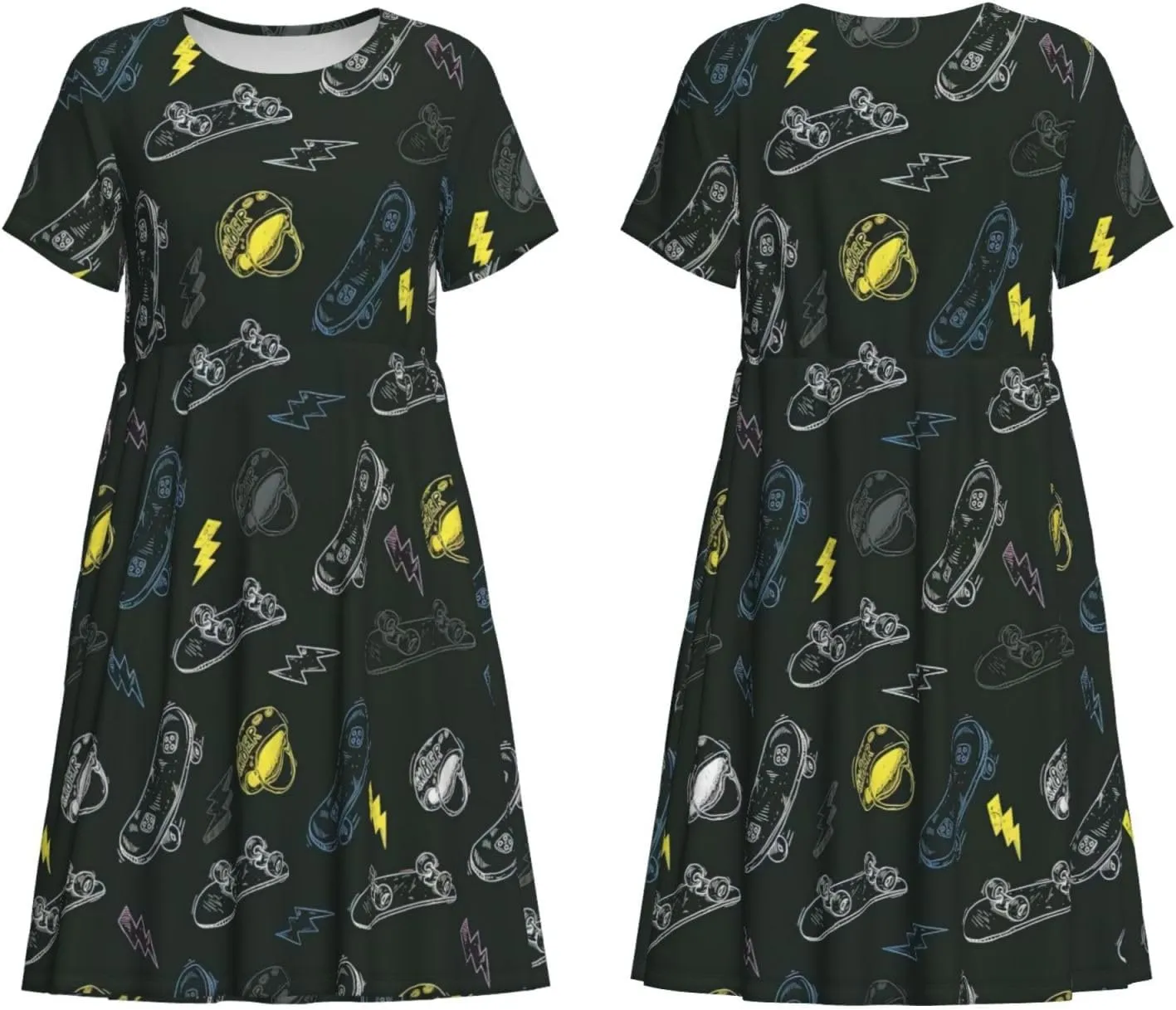 Graffiti Skateboard Print Women's Casual T Shirt Dress Swing Dresses Summer Short Sleeve with Pockets