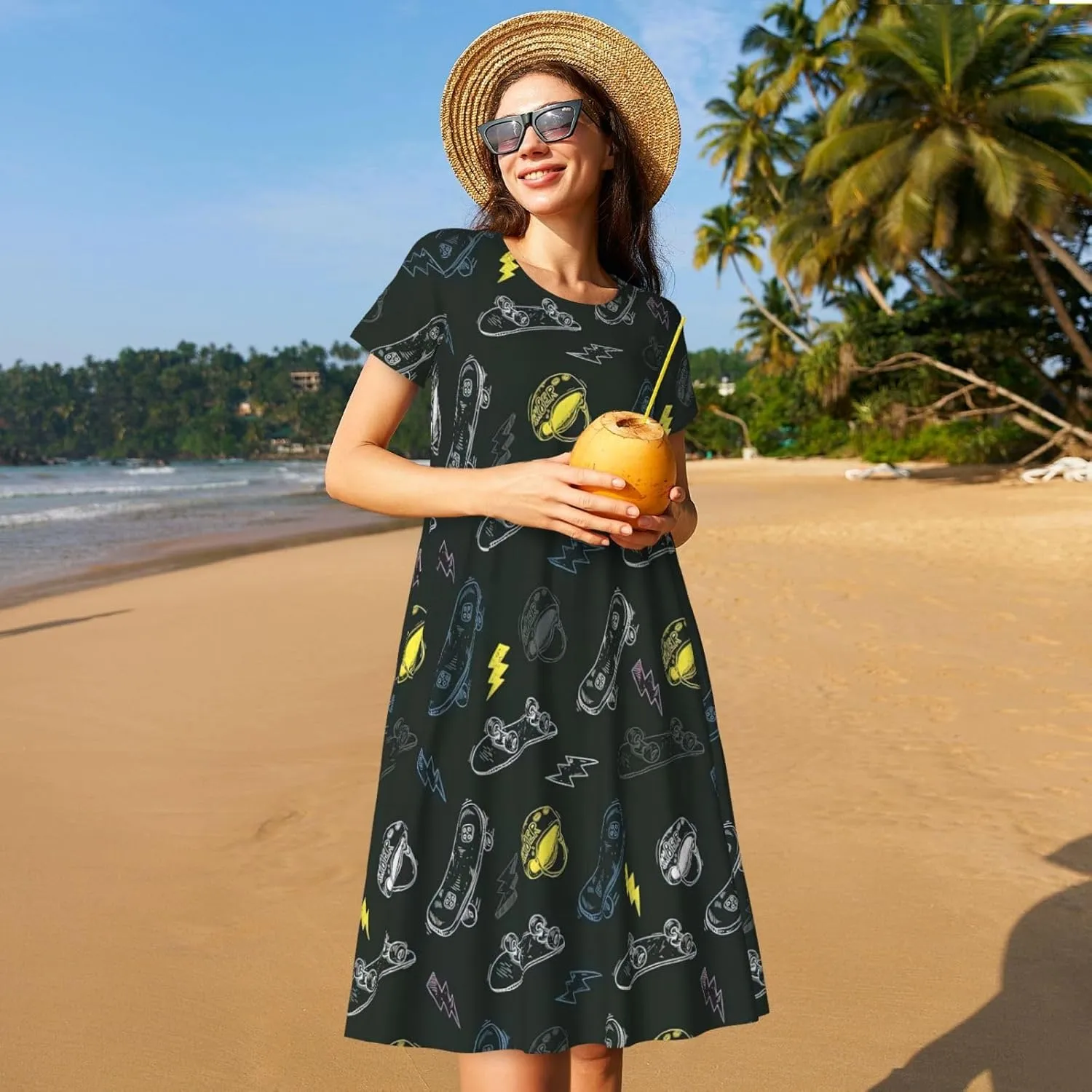 Graffiti Skateboard Print Women's Casual T Shirt Dress Swing Dresses Summer Short Sleeve with Pockets