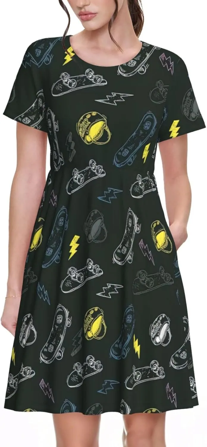 Graffiti Skateboard Print Women's Casual T Shirt Dress Swing Dresses Summer Short Sleeve with Pockets