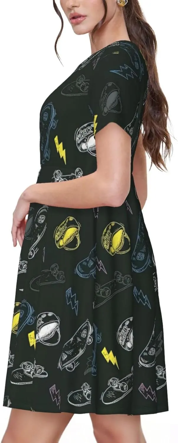 Graffiti Skateboard Print Women's Casual T Shirt Dress Swing Dresses Summer Short Sleeve with Pockets