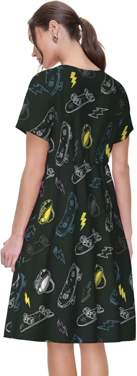 Graffiti Skateboard Print Women's Casual T Shirt Dress Swing Dresses Summer Short Sleeve with Pockets