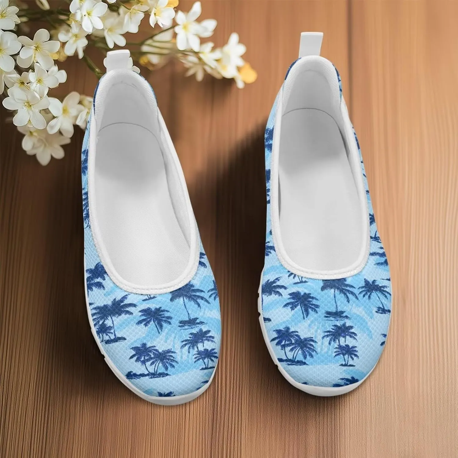 Howilath Hawaiian Palm Trees Women's Flats Slip on Shoes Mesh Athletic Shoes Lightweight Loafers Shoes with EVA Sole
