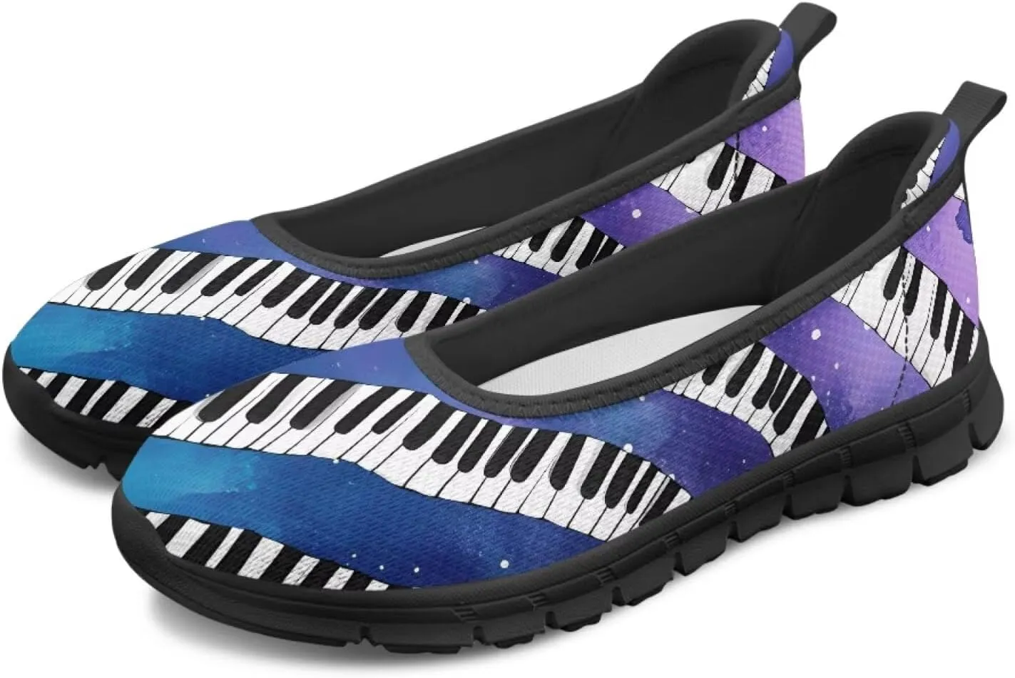Howilath Piano Notes Print Women Flats Shoes Walking Sneakers Slip on Shoes Mesh Athletic Shoes for Jogging Travel