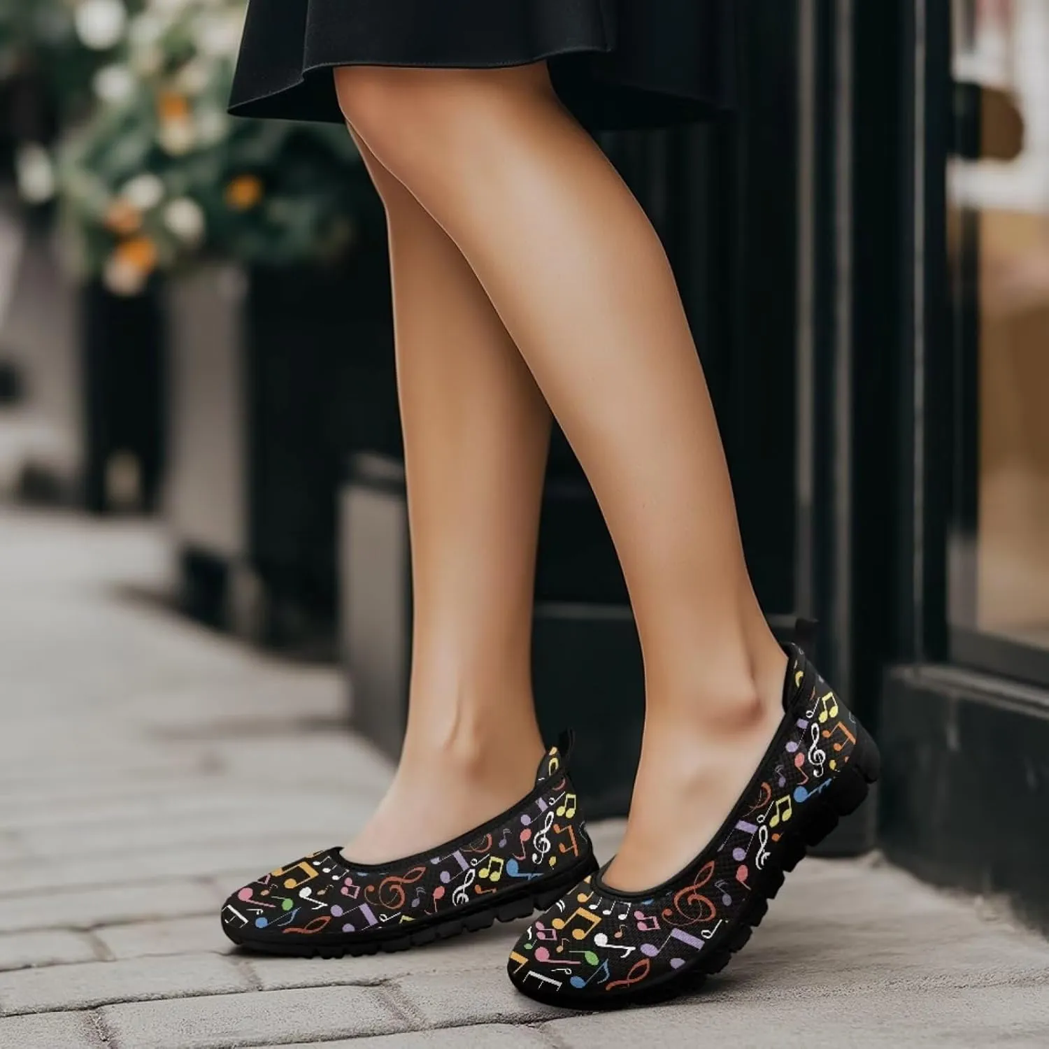 Howilath Piano Notes Print Women Flats Shoes Walking Sneakers Slip on Shoes Mesh Athletic Shoes for Jogging Travel