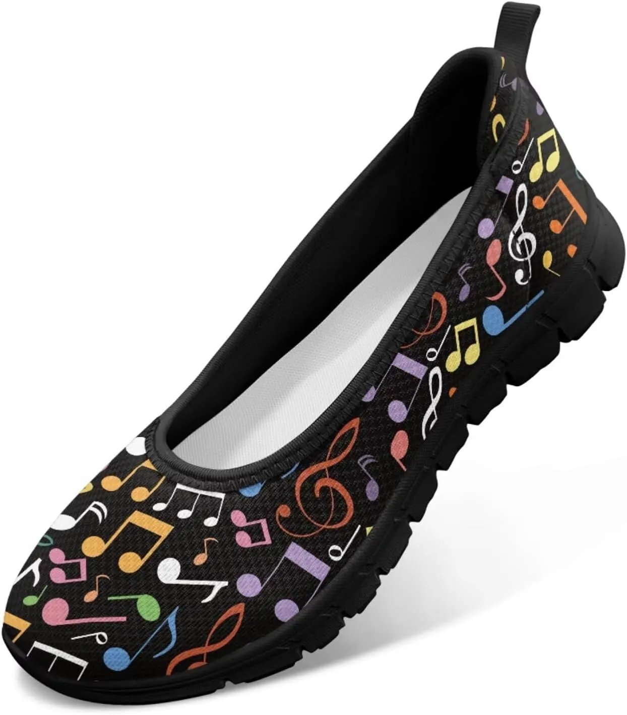 Howilath Piano Notes Print Women Flats Shoes Walking Sneakers Slip on Shoes Mesh Athletic Shoes for Jogging Travel