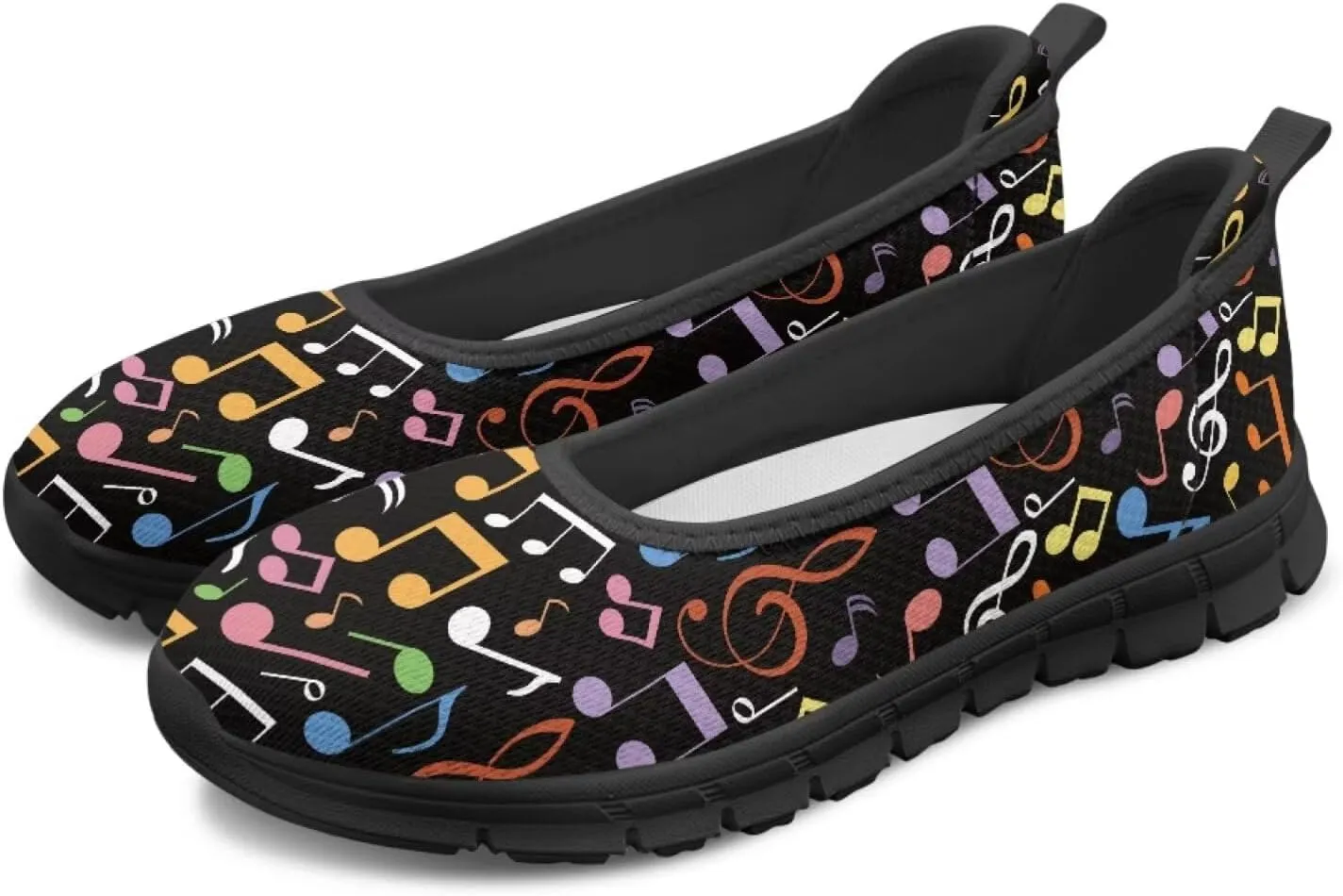Howilath Piano Notes Print Women Flats Shoes Walking Sneakers Slip on Shoes Mesh Athletic Shoes for Jogging Travel