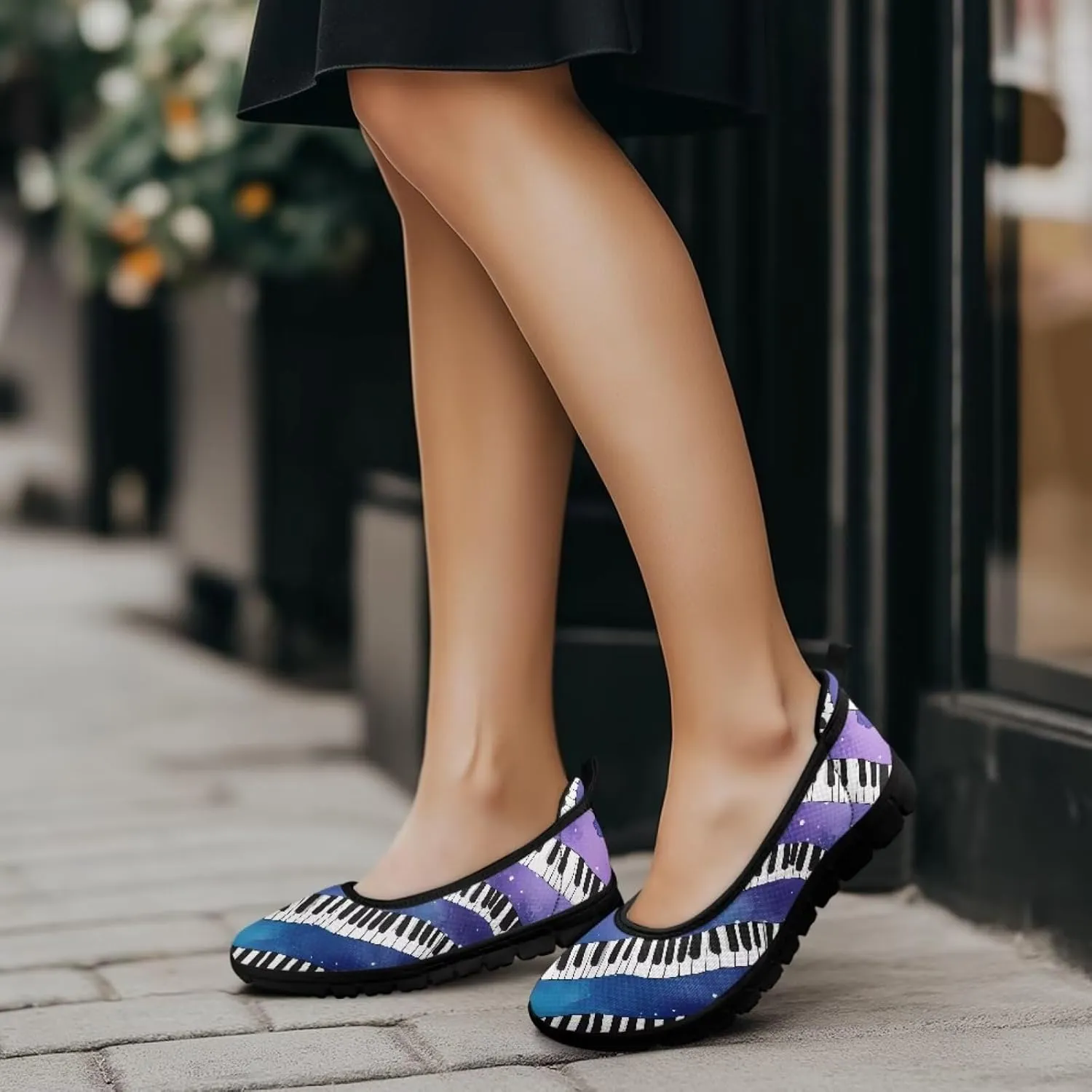Howilath Piano Notes Print Women Flats Shoes Walking Sneakers Slip on Shoes Mesh Athletic Shoes for Jogging Travel