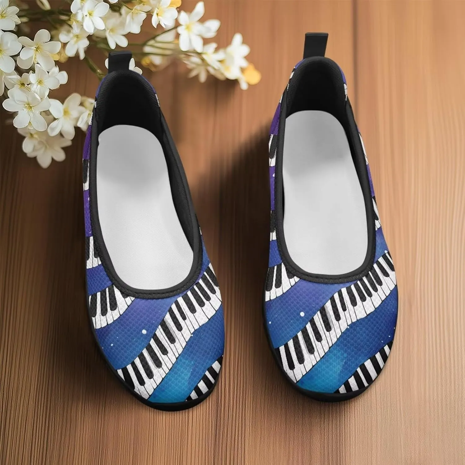 Howilath Piano Notes Print Women Flats Shoes Walking Sneakers Slip on Shoes Mesh Athletic Shoes for Jogging Travel