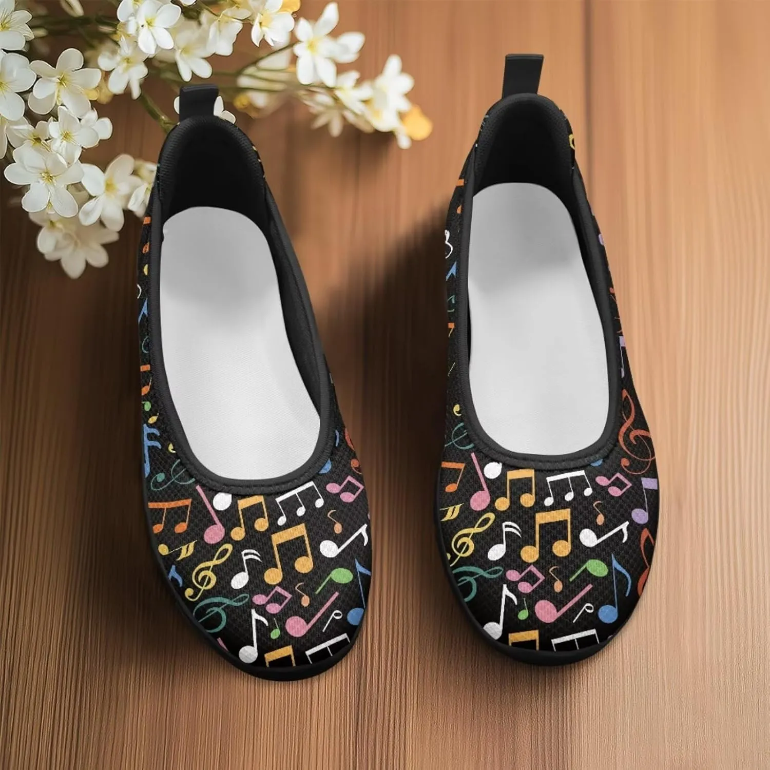 Howilath Piano Notes Print Women Flats Shoes Walking Sneakers Slip on Shoes Mesh Athletic Shoes for Jogging Travel
