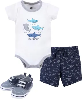 Hudson Baby Unisex Baby Cotton Bodysuit, Shorts and Shoe Set