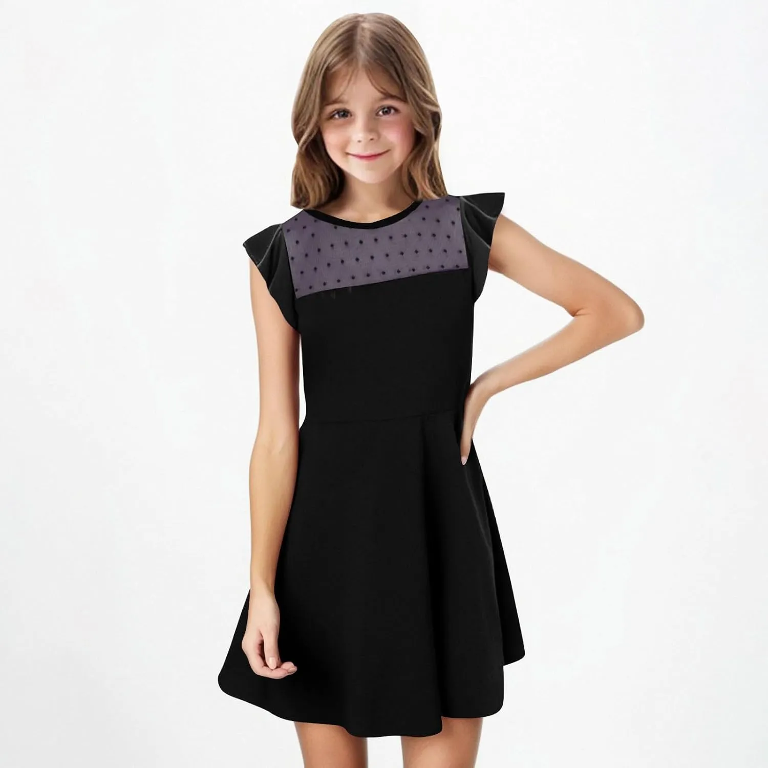 Hvyesh Girls Dresses for Easter Party Spring Summer Cute Flowy Ruffle Sleeve Mesh A Line Dress with Pockets 4-13 Years