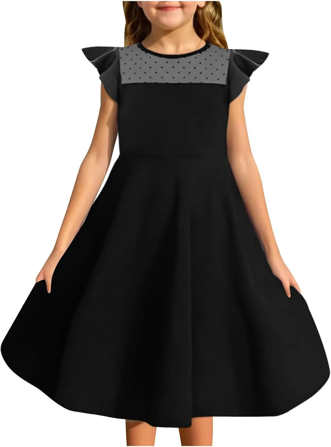 Hvyesh Girls Dresses for Easter Party Spring Summer Cute Flowy Ruffle Sleeve Mesh A Line Dress with Pockets 4-13 Years