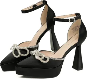 JENN ARDOR Platform Heels for Women Rhinestone Sparkly Bow High Heels Closed Pointed Toe Stilettos Ankle Buckle Strap Pumps Wedding Party Prom Dress Shoes