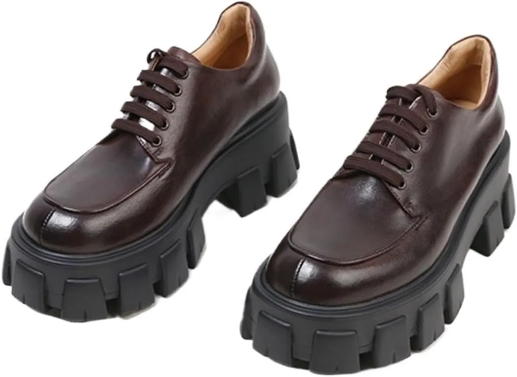 Loafers for Women Women's Hot Lace Up Round Toe Genuine Leather British Platform Sheepskin Loafers Fashionable and Comfortable Footwear