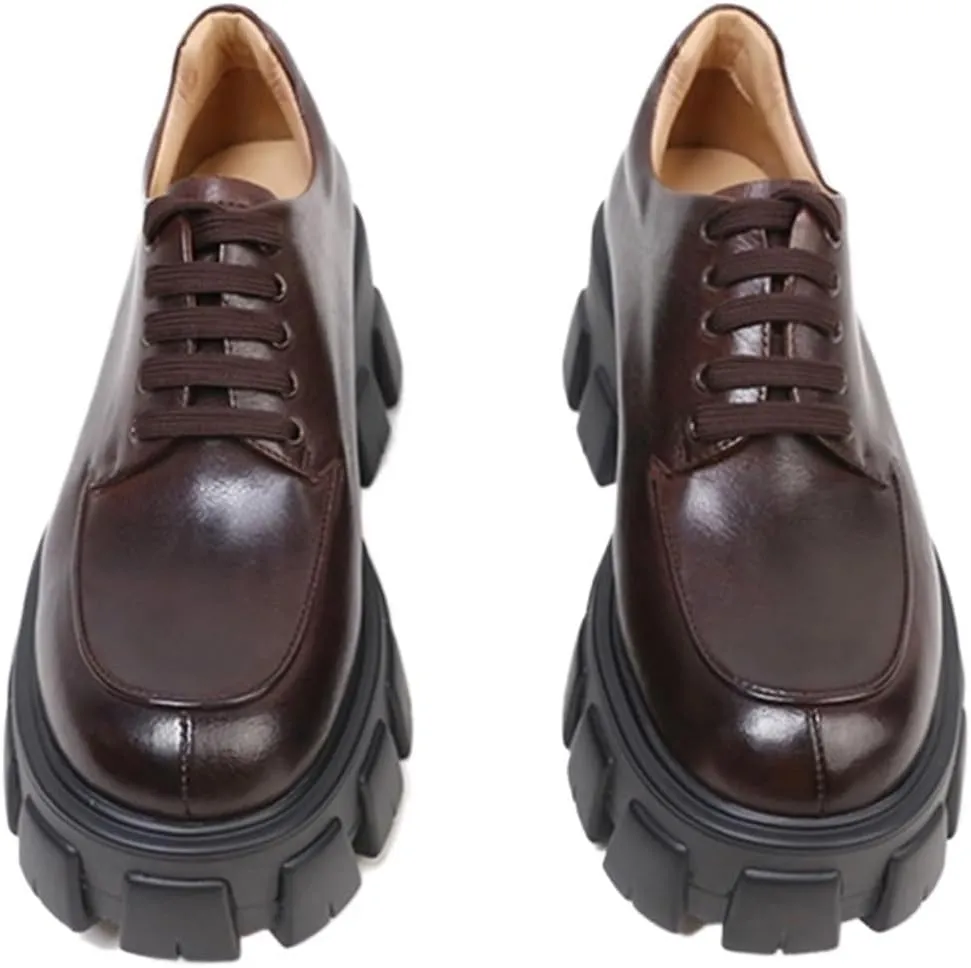 Loafers for Women Women's Hot Lace Up Round Toe Genuine Leather British Platform Sheepskin Loafers Fashionable and Comfortable Footwear