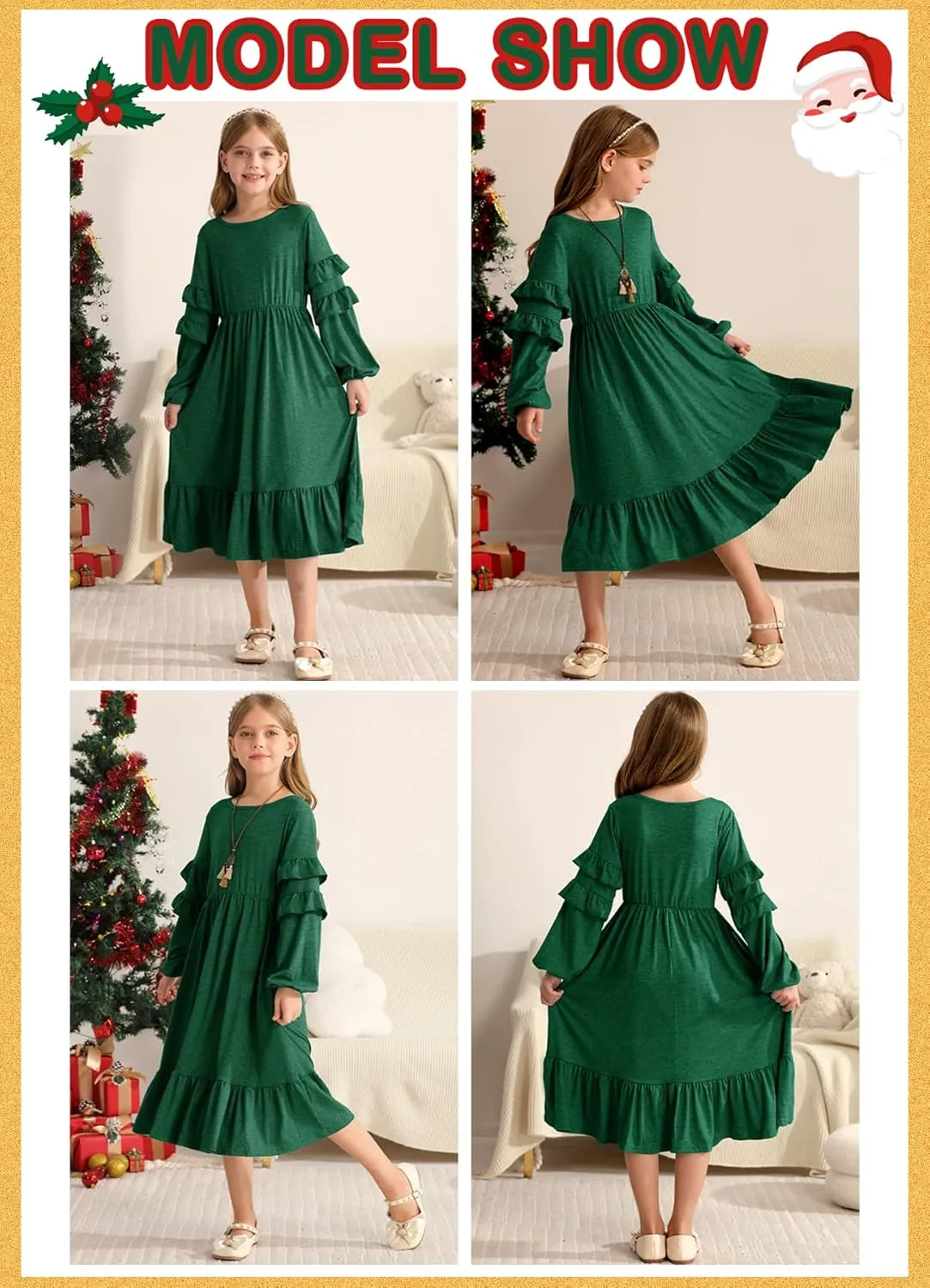 MITILLY Girls Boho Long Sleeve Dress Crewneck Ruffle Swing Casual Loose Flowy Tiered Midi Fall Winter Dress with Pockets