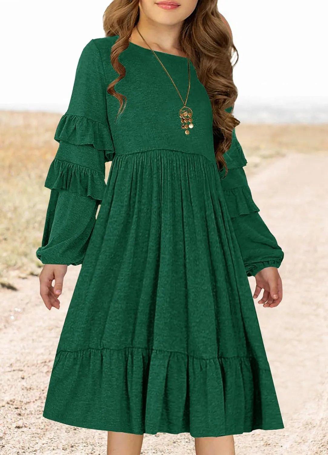 MITILLY Girls Boho Long Sleeve Dress Crewneck Ruffle Swing Casual Loose Flowy Tiered Midi Fall Winter Dress with Pockets
