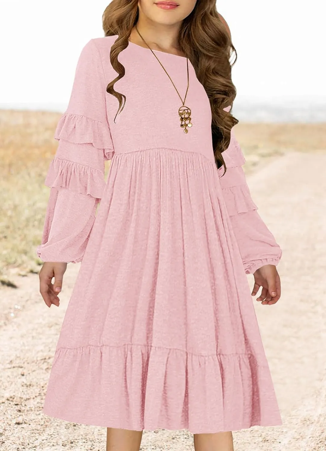 MITILLY Girls Boho Long Sleeve Dress Crewneck Ruffle Swing Casual Loose Flowy Tiered Midi Fall Winter Dress with Pockets