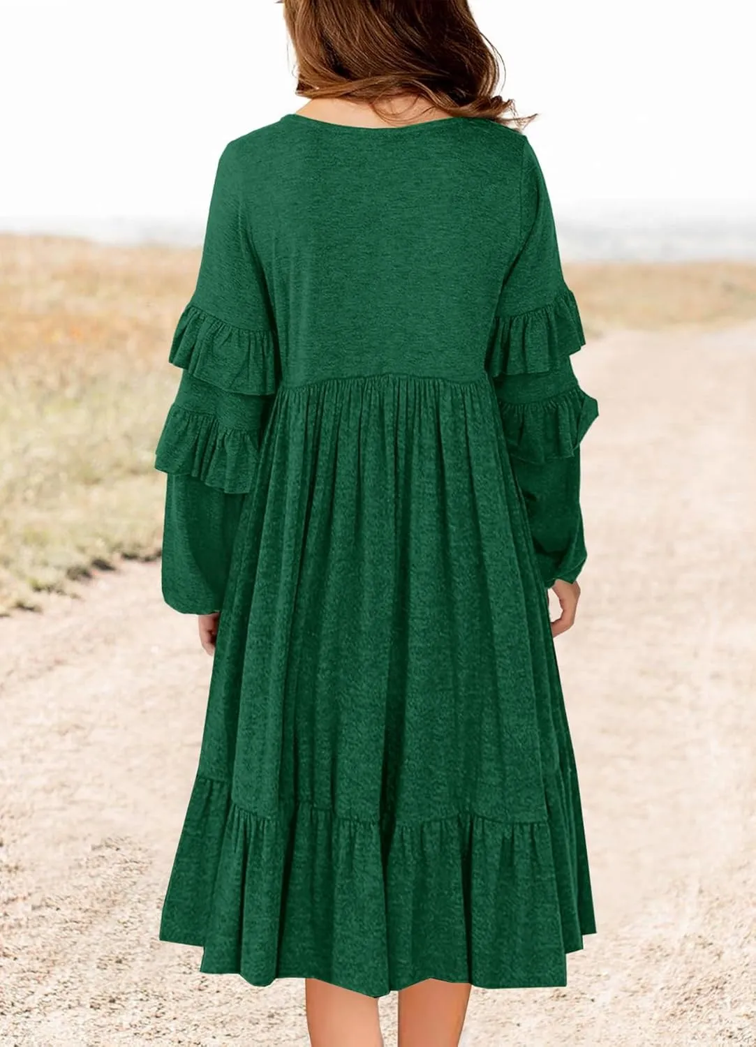 MITILLY Girls Boho Long Sleeve Dress Crewneck Ruffle Swing Casual Loose Flowy Tiered Midi Fall Winter Dress with Pockets