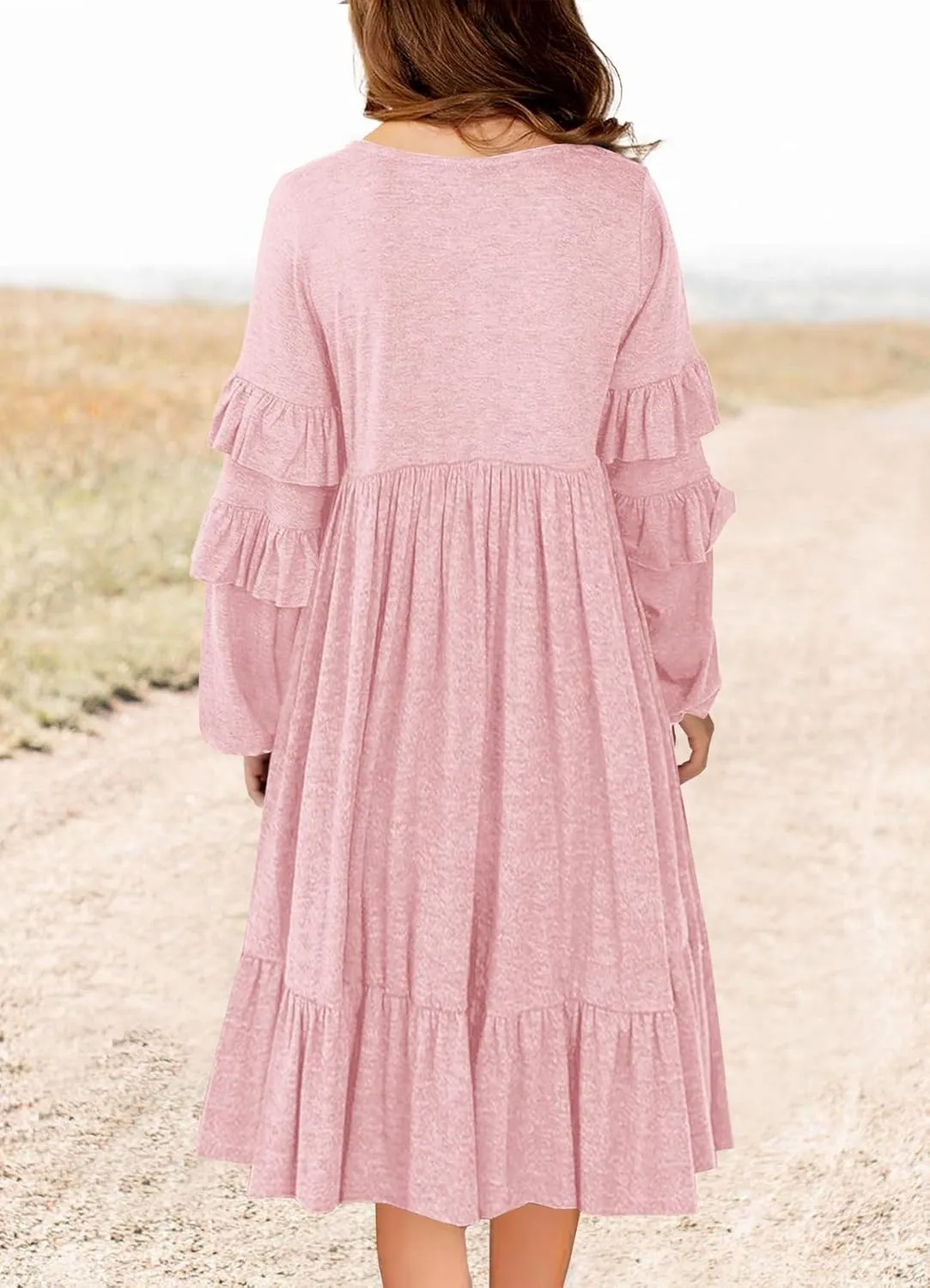 MITILLY Girls Boho Long Sleeve Dress Crewneck Ruffle Swing Casual Loose Flowy Tiered Midi Fall Winter Dress with Pockets