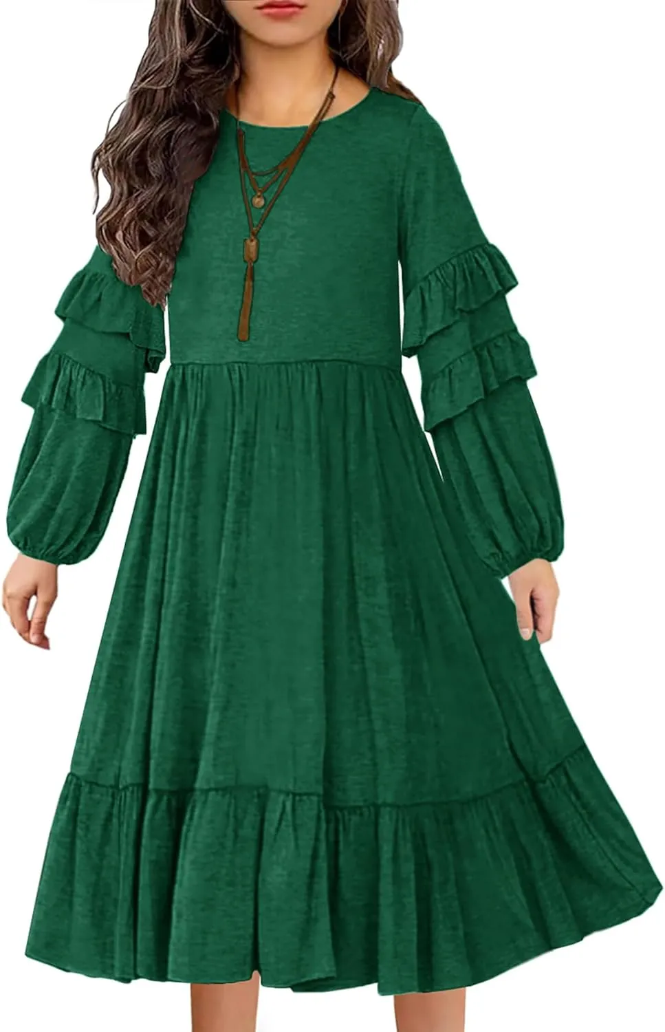 MITILLY Girls Boho Long Sleeve Dress Crewneck Ruffle Swing Casual Loose Flowy Tiered Midi Fall Winter Dress with Pockets