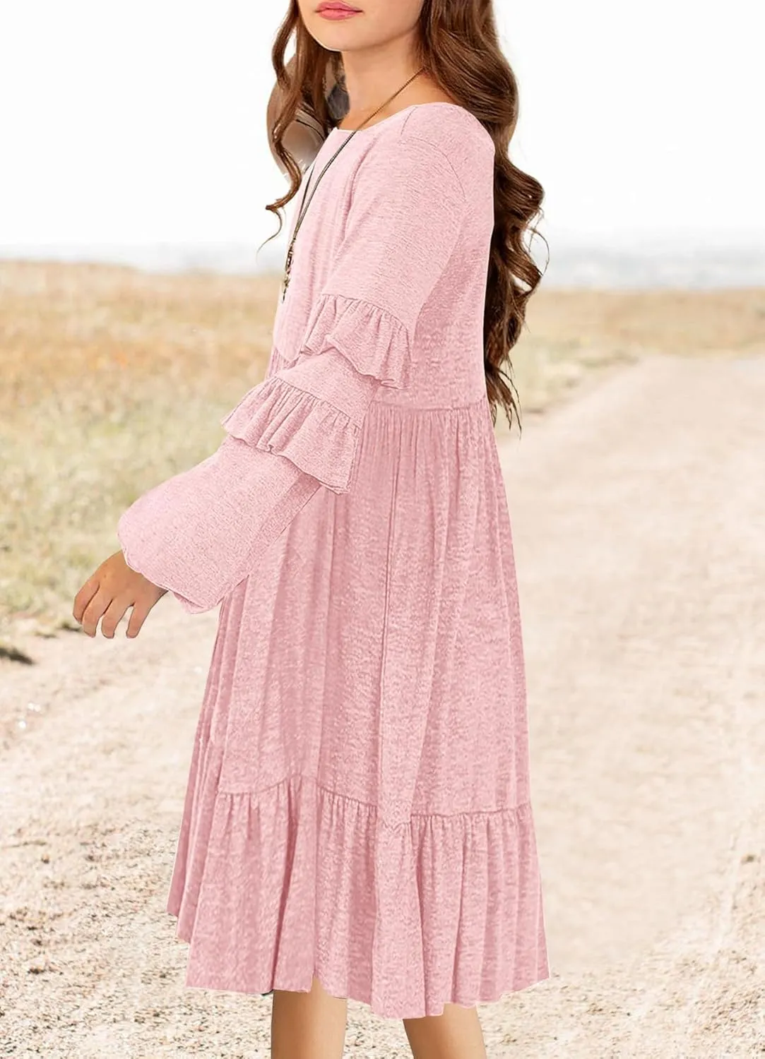 MITILLY Girls Boho Long Sleeve Dress Crewneck Ruffle Swing Casual Loose Flowy Tiered Midi Fall Winter Dress with Pockets