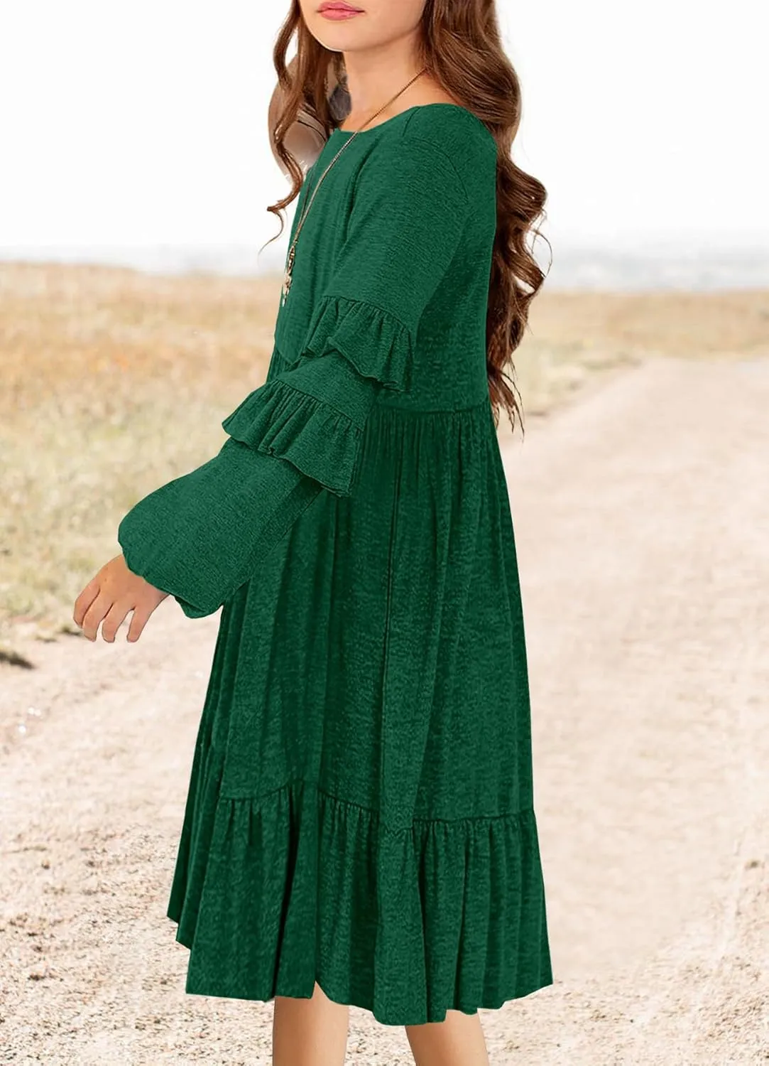 MITILLY Girls Boho Long Sleeve Dress Crewneck Ruffle Swing Casual Loose Flowy Tiered Midi Fall Winter Dress with Pockets