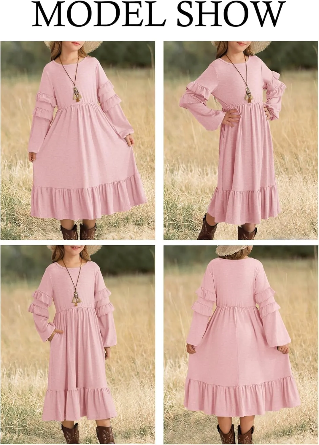 MITILLY Girls Boho Long Sleeve Dress Crewneck Ruffle Swing Casual Loose Flowy Tiered Midi Fall Winter Dress with Pockets