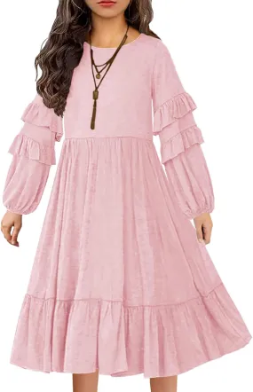 MITILLY Girls Boho Long Sleeve Dress Crewneck Ruffle Swing Casual Loose Flowy Tiered Midi Fall Winter Dress with Pockets