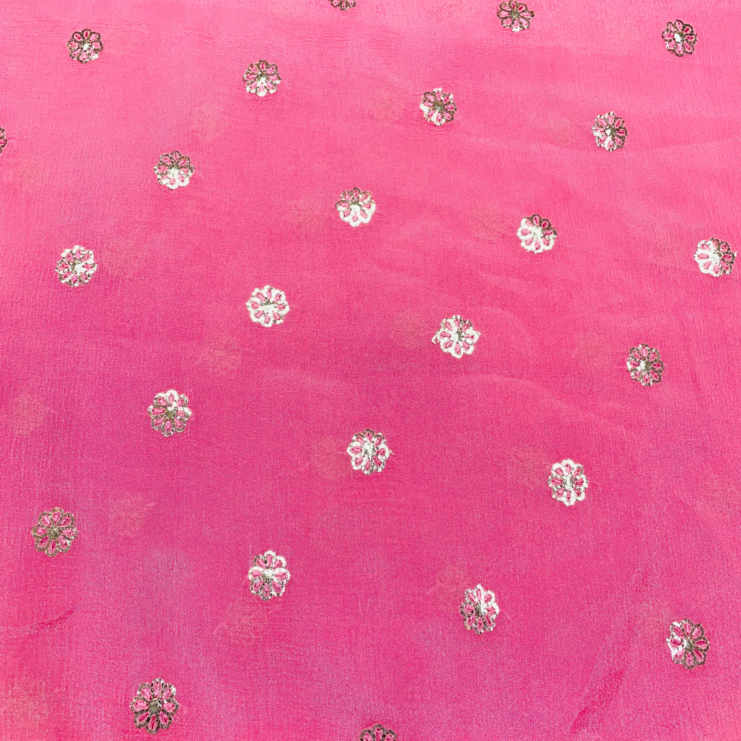 Pink & Silver Floral Sequins Thread Embroidery Chinnon Fabric
