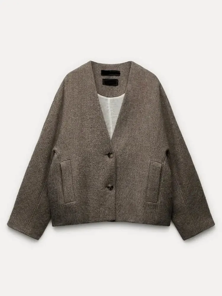 Purpdrank - Autumn Women's Grey Cropped Coat Elegant V-neck Single Breasted Long Sleeve Female Coats Winter Female Chic Streetwear Jackets