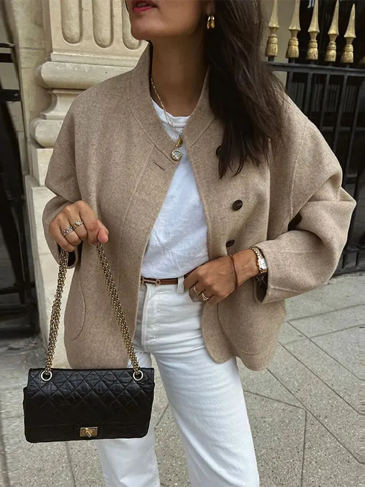 Purpdrank - Autumn Women's Grey Cropped Coat Elegant V-neck Single Breasted Long Sleeve Female Coats Winter Female Chic Streetwear Jackets